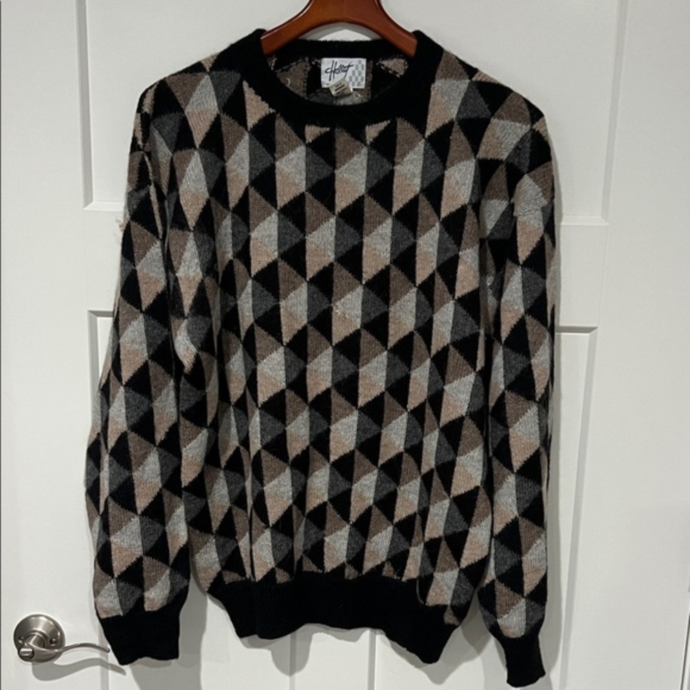 Hallet Alpaca Wool Geometric Patterned Sweater - Black, Gray, Tan Sz L